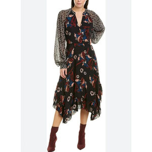 JOIE Morley Black Floral Long Sleeve Asymmetrical Silk Midi Dress 8